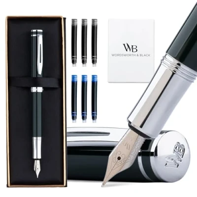Image of Wordsworth and Black Fountain Pen Mini EDC: Luxury Green Heavy Pocket Pen, Chrome Finish, Medium Nib, 6 Ink Cartridges, Converter, Travel Refillable Writing Gift Set, Men &amp; Women