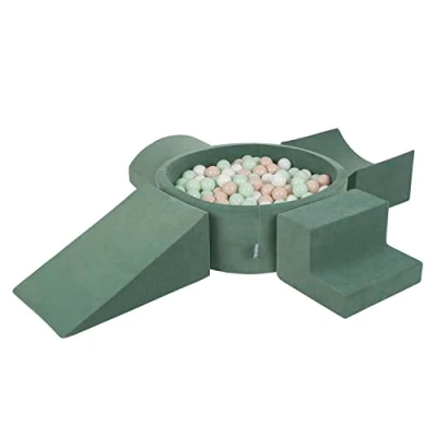 Image of KiddyMoon Foam Playground Velvet For Kids With Round Ballpit (300 Balls ∅ 7Cm/2.75In) Soft Obstacles Course And Ball Pool, Made In EU, Forest Green:Pastel Beige/White/Mint