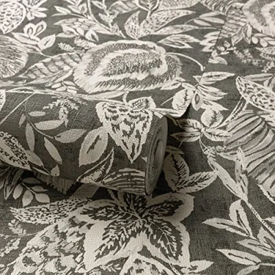 Image of Grandeco Mae Painted Jungle Leaves Linen Textured Wallpaper, Charcoal Black