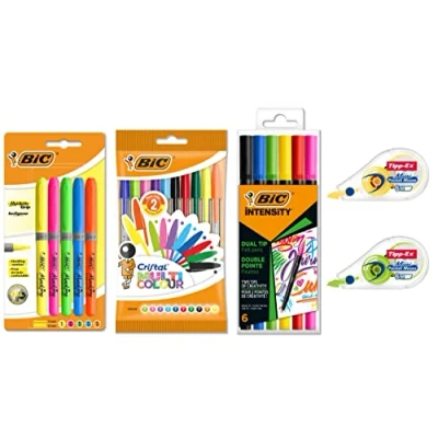Image of Bic Colourful Set with Mini Pocket Mouse Correction Tapes, Cristal Multicolour Ball Pens, Highlighter Grip and Intensity Dual Tip Felt Pens Assorted Colours, Bundle of 23