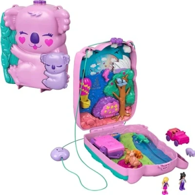 Image of Polly Pocket Koala Adventures Wearable Purse Compact with Micro Doll &amp; Friend Doll, 5 Animals Removable Vehicle Accessory, Gift for Ages 4 Years Old Up, GXC95