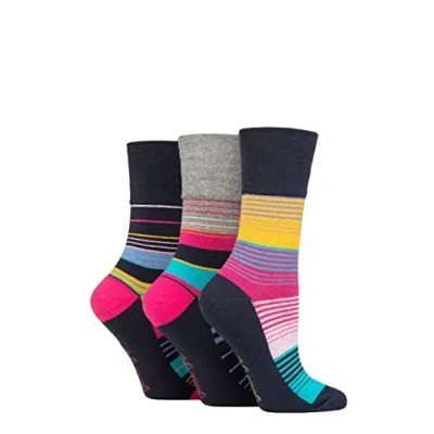 Image of Women&#039;s 3 Pair Gentle Grip Colourburst Socks Stripey Vibes 4 8