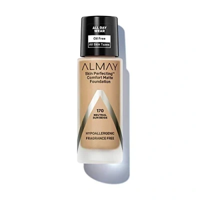 Image of Almay Skin Perfecting Comfort Matte Foundation, Hypoallergenic, Cruelty Free, Fragrance Dermatologist Tested Liquid Makeup, Neutral Sun Beige