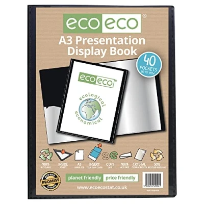 Image of eco A3 Size 50% Recycled 40 Pocket Black Presentation Display Book, Storage Case Portfolio Art Folder with Plastic Sleeves