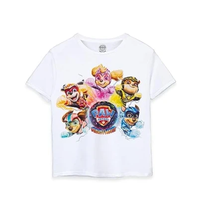 Image of Paw Patrol The Mighty Movie Boys T Shirt White Short Sleeve Lightweight Kids Pups Graphic Tee Chase Marshall Rubble Skye Liberty Superpowers Top Superhero Merchandise Gift for Children