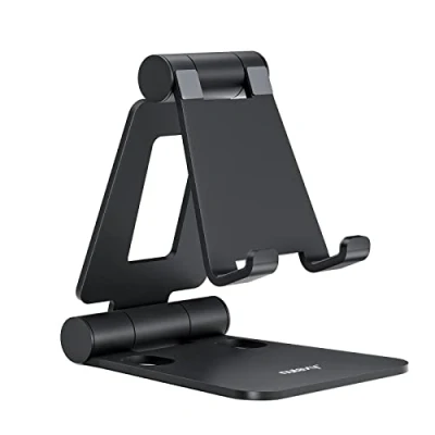 Image of NULAXY Phone Stand, Fully Foldable Angle Height Adjustable Mobile Holder Cradle Dock Aluminum Desk Compatible with iPhone 16 15 14 13 12 11 Pro Max XR X 8, HUAWEI, Galaxy, All Phones Black