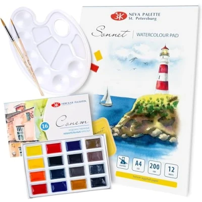 Image of Sonnet Essential Watercolour Kit 16 Paints, Paint Pad, Palette and Brushes Made by Nevskaya Palitra