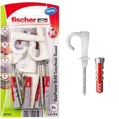 Image of fischer EasyHook round K (4), set of 4 hook screws &amp; DuoPower 8 x 40 plugs, chipboard with hooks, flexible screw hooks for mounting in numerous building materials