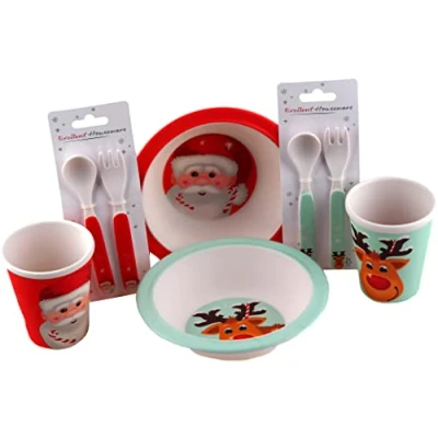 Image of Christmas 6 Piece Melamine Kids Breakfast Set Bowl, Cup, Cutlery