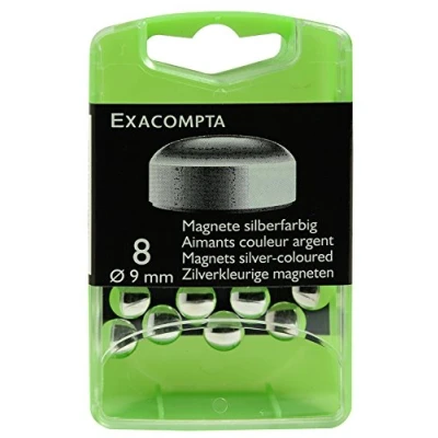 Image of Exacompta Ref 10913E Small Round Magnets 9mm Diameter, 120g Magnetic Force Silver (Pack of 8) Suitable for Use on Whiteboards, Fridges or Metal Surfaces