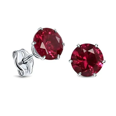 Image of Miore 6 prong green emerald/red ruby/blue sapphire/cubic zirconia stud earrings in 9 Kt 375 white gold, 6.5 mm (red)