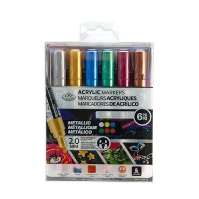 Image of Royal &amp; Langnickel 6pc ACRYLIC PAINT ARTIST MARKERS 2MM REVERSIBLE TIP METALLIC COLOURS
