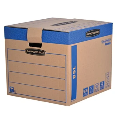 Image of 5 BANKERS BOX EXTRA LARGE Strong Moving Boxes, 85L FastFold SmoothMove Cardboard Packing Storage Heavy Duty Double Wall Boxes with Handles, 40.5 x 45.5 45.5cm, Pack of
