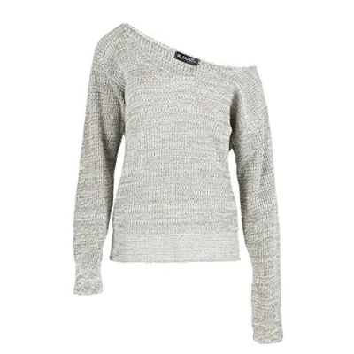 Image of Oops Outlet Womens Oversized Jumper V Neck Off The Shoulder Top Chunky Knitted Bardot Plus Size (UK 20/22) Khaki Marl