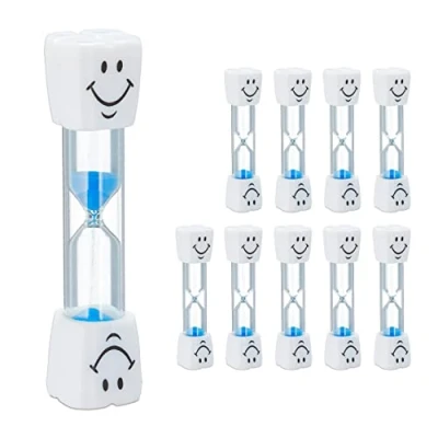 Image of Relaxdays, Set of 10, Toothbrushing Timer, 3 Minutes, Noiseless, Glass &amp; Sand, White/Blue, Plastic, 10 x 2.5 cm