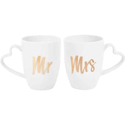 Image of Perfect Day Wedding Mug Set White with Gold Mr and Mrs Text