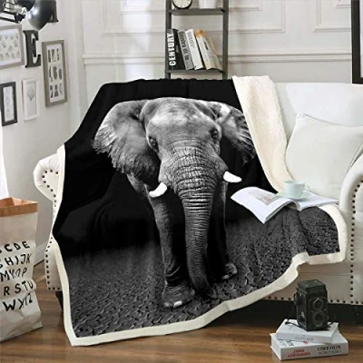 Image of Loussiesd Elephant Plush Blanket 3D Print Sherpa for Kids Boys Adults Wild Animal Pattern Fleece Throw Soft Fuzzy Sofa Bed Couch Single 50x60 Inch,Black