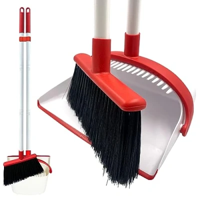 Image of Long Handled Dustpan and Brush Set Broom Reduce Bending Tall Lobby Sweeping (White &amp; Red)