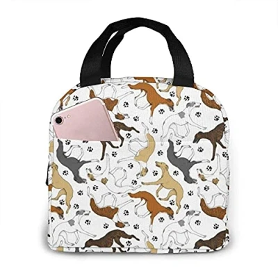 Image of LOUJIN Lunch Bag Trotting Whippets and Paw Prints Tote Boxes Reusable Insulated Cooler Water Resistant Thermal Meal Snack