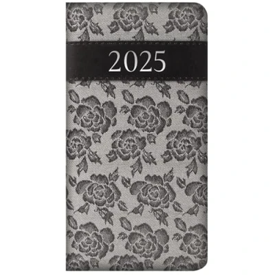 Image of 2025 Slim Wallet Size Diary Week to View Grey Floral Design Faux Leather Band