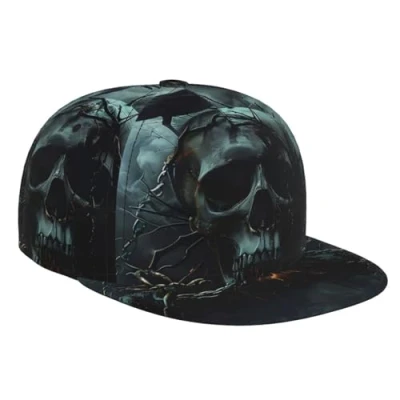 Image of ZORIN Flat Bill Baseball Cap 3D Chain Thorn Skull Smoke Brim Adjustable Snapback Caps Classic Dad Hat Trucker Hats for Men Women Black