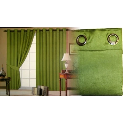 Image of GREEN FAUX SILK LINED CURTAINS WITH EYELET RING TOP 66 x 72&quot;