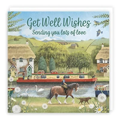 Image of Hunts England Canal Narrowboat Get Well Card Horse Riding Countryside Milo&#039;s Gallery Soon Feel Better For Colleagues, Friends, Him, Her, Men, Women, etc.