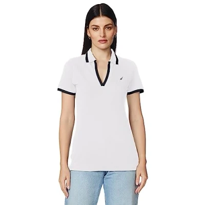 Image of Nautica Women&#039;s Classic Fit Striped V Neck Collar Stretch Cotton Polo Shirt, Bright White, Small