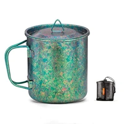 Image of TiTo Titanium Cup Camping Tea Coffee Water Mug Ultralight Portable Cookware 450ml Foldable Handle Pot with Lid for Outdoor Backpacking Hiking Picnic Drinkware Open Fire (Green)