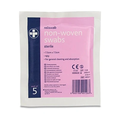 Image of Reliance Non Woven Swabs 7.5cm x 4 ply (Pack of 5) Sterile (RLX8501)