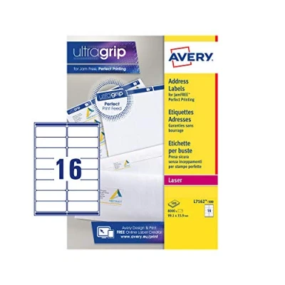 Image of Avery Printable, Customisable Address Mailing Labels, Laser Printers, 16 Labels per A4 Sheet, 8000 UltraGrip (L7162), White, 500 Sheets
