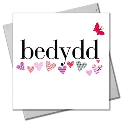 Image of Claire Giles Greeting Cards, Welsh Christening Card, Bedydd, Pink Hearts Baptism Language Embellished with a Fabric Butterfly