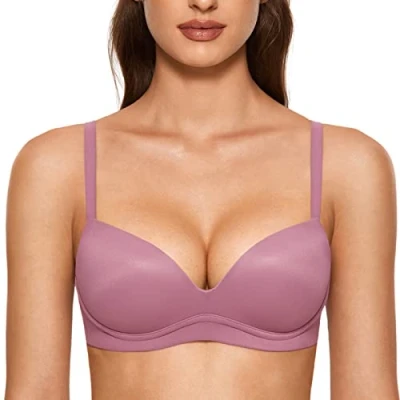 Image of DOBREVA Women&#039;s Push Up Bra Plunge Wireless Comfortable T Shirt Padded Bras Smoke Rose 36B