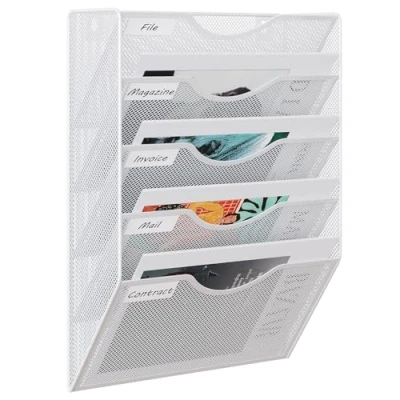 Image of EasyPAG 5 Tier A4 Mesh in Tray Wall Pocket File Holder Mail Organiser Magazine Storage Rack,White