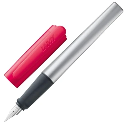 Image of LAMY nexx crimson Fountain Pen with slip proof grip &amp; polished steel nib in size A triangular aluminum body including T 10 blue cartridge Right Handed