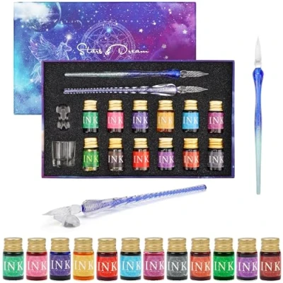 Image of BELLE VOUS 16 Piece Calligraphy Pen Set with Holder, Ink Bottles and Empty Vial 2 Dip Writing Pens Ideal for Beginners Adults 12 Different Coloured 7ml Inks
