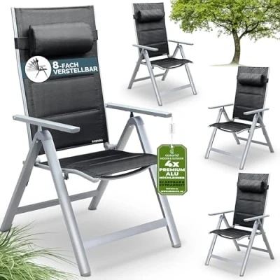 Image of CASARIA® 4x Bern Premium High Back Folding Aluminium Garden Chairs 8 Point Reclining Padded Armchair Foldable Lightweight Outdoor Patio Balcony Dining Furniture Silver