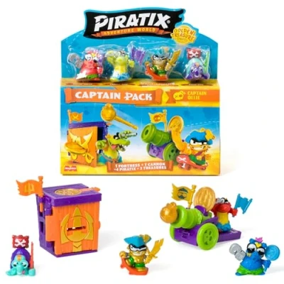Image of PIRATIX golden Treasure Series captain Pack Ollie. Includes 4 Piratix;1 and 1 surprise piratix, accessories, fortress, cannon, 2 exclusive treasures flags. 6 out of