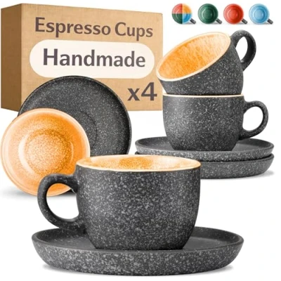 Image of Cosumy Espresso Cups and Saucers Set of 4 90ml Ceramic Demitasse Coffee Mugs 𝗘𝘅𝘁𝗿𝗮 𝗧𝗵𝗶𝗰𝗸 Stoneware with Handmade Reactive Glaze Keeps Warm Longer