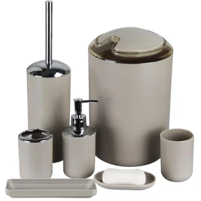 Image of IMAVO Bathroom Accessories Set, 6 Piece Plastic Gift Toothbrush Holder, Cup, soap Dispenser, Dish, Toilet Brush Trash can(Apricot)