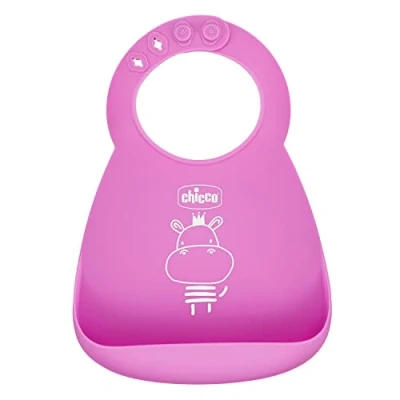 Image of CHICCO Easy Roll Rigid Bib, Soft Silicone, Practical, Waterproof, to Clean, Adjustable Collar, Wide Pocket, 6 Months, Pink