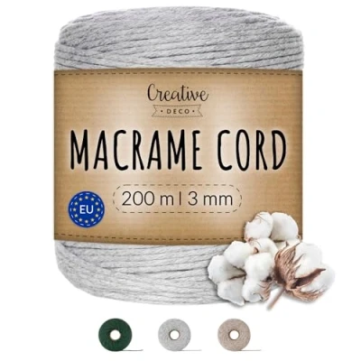 Image of Creative Deco 656 Feet Light Grey Macrame Cord 200m 3mm Thick Cotton Rope 30 Ply String Yarn Twine Elastic for Easter, Art and Craft, DIY, Knitting, Gift Wrapping, Wall, Plant Strong