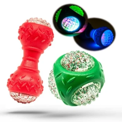 Image of Petopedia 2x SQUEAKY LIGHT UP Balls for Dog Bouncy Chew Toys with Flashing Effect Rugby, Dumbbell Design Teething Indoor Interactive Boredom (Festive, Pack of 2)