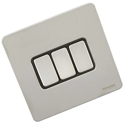 Image of Schneider Electric Ultimate Screwless Flat Plate 3 Gang Rocker 2 Way Light Switch, Single Pole, 16AX, GU1432BSS, Stainless Steel with Black Insert