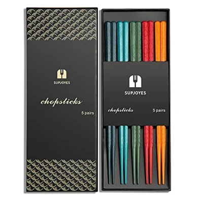 Image of SUPJOYES 5 Pairs Colourful Reusable Chopsticks: Japanese Chinese Fiberglass Chopsticks Dishwasher Safe, Stick Gift Set with Box, Non Slip Chop Sticks