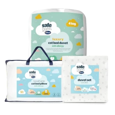 Image of Silentnight Safe Nights Luxury Bed Set Anti Allergy 4 Tog Cot Duvet, Breathable Toddler Pillow and 100% Cotton Duvet Cover Grey Stars