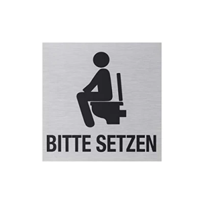 Image of Metafranc 507180 Self Adhesive Sign &quot;Bitte setzen&quot; 80 x mm Aluminium in Modern Stainless Steel Look Back Sign/Information Sign/Toilet