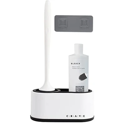 Image of CRAVE Silicone Toilet Brush with Holder Set and Storage Compartment for Accessories. Grey Long Handled Flexible Cleaner Flooring/Wallmount.