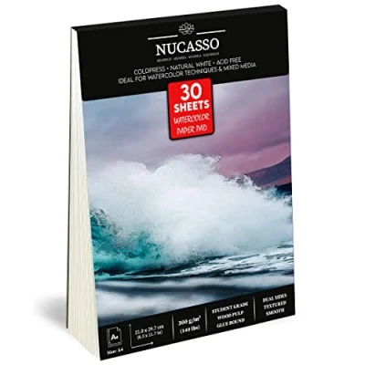 Image of NUCASSO Watercolour Paper Pad A4 x 30 Sheets Natural White 300 GSM Student Grade, Cold Pressed, Glue Bound Water Colour Sketchbook for Wet, Dry &amp; Mixed Media