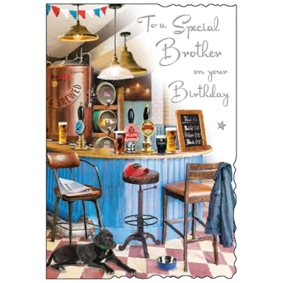 Image of Jonny Javelin Special Brother Birthday Card Happy with Pub and Dog Design Embossed Foil Details for Men